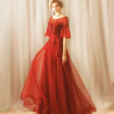 Red tulle lace long prom dress red evening dress - Thumbnail 1