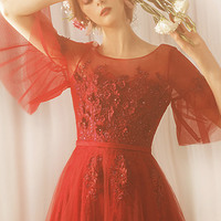 Red tulle lace long prom dress red evening dress - Thumbnail 3