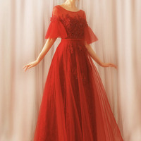 Red tulle lace long prom dress red evening dress - Thumbnail 1