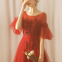 Red tulle lace long prom dress red evening dress - Thumbnail 4