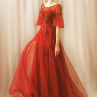 Red tulle lace long prom dress red evening dress - Thumbnail 6