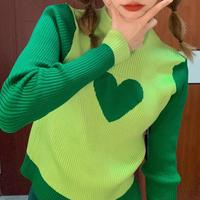 Love Heart Green Color Block Knit Top - Thumbnail 2
