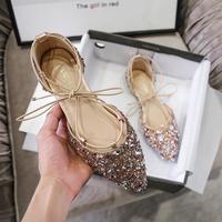 Rhinestone Pointed Toe Ankle Straps Lace up Cross Ballet Flat Shoes Plus Size 42 - Thumbnail 1