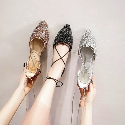 Rhinestone Pointed Toe Ankle Straps Lace up Cross Ballet Flat Shoes Plus Size 42