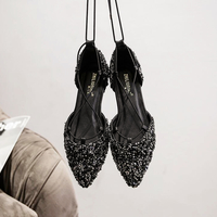 Rhinestone Pointed Toe Ankle Straps Lace up Cross Ballet Flat Shoes Plus Size 42 - Thumbnail 4