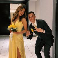 SP2025,Elegant V Neck A-Line Yellow Long Prom Dress with Slit - Thumbnail 1
