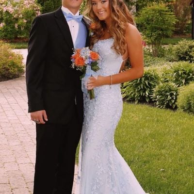 Sp2027,light blue mermaid prom dresses lace spaghetti straps applique tulle prom evening dress - Thumbnail 1