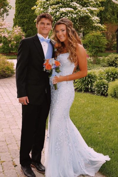 SP2027,Light blue mermaid prom dresses lace spaghetti straps applique tulle prom evening dress