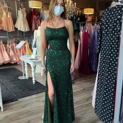 Sp2030,sparkly sheath scoop neck dark green sequins prom dresses,split evening dress - Thumbnail 1