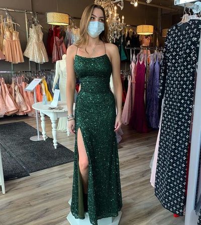 SP2030,Sparkly Sheath Scoop Neck Dark Green Sequins Prom Dresses,Split Evening Dress