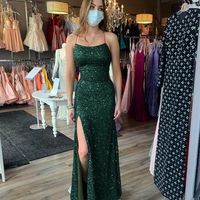 SP2030,Sparkly Sheath Scoop Neck Dark Green Sequins Prom Dresses,Split Evening Dress - Thumbnail 1