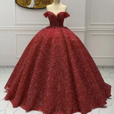 Sparkly red prom dresses ball gown off shoulder - Thumbnail 1