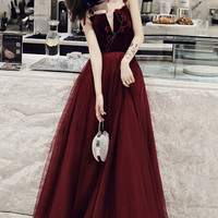 Burgundy velvet tulle long prom dress A line evening dress - Thumbnail 1