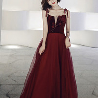 Burgundy velvet tulle long prom dress A line evening dress - Thumbnail 2