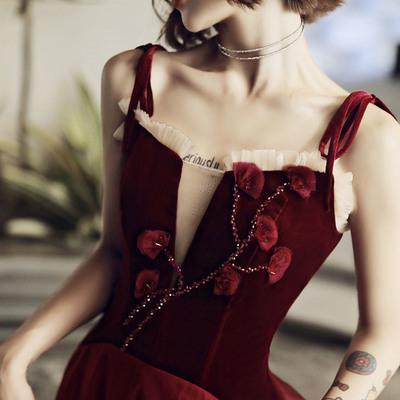 Burgundy velvet tulle long prom dress a line evening dress