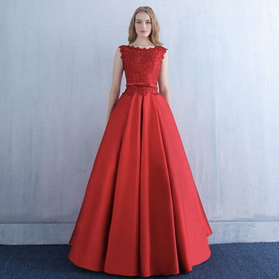 Red satin lace long prom dress red evening dress - Thumbnail 3