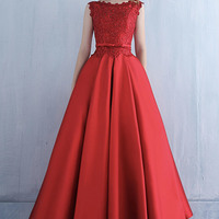 Red satin lace long prom dress red evening dress - Thumbnail 5