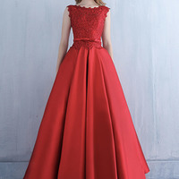 Red satin lace long prom dress red evening dress - Thumbnail 1