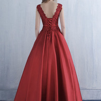 Red satin lace long prom dress red evening dress - Thumbnail 3