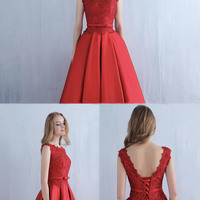 Red satin lace long prom dress red evening dress - Thumbnail 4