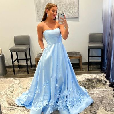 Cute ball gown strapless light blue satin prom dresses with 3d flowers - Thumbnail 1