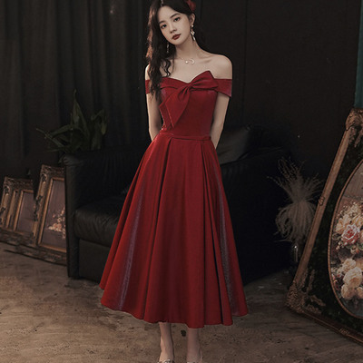 Cute satin short prom dress burgundy evening dress - Thumbnail 2