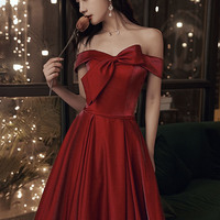 Cute satin short prom dress burgundy evening dress - Thumbnail 1