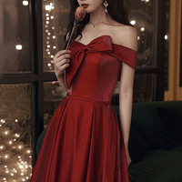 Cute satin short prom dress burgundy evening dress - Thumbnail 2