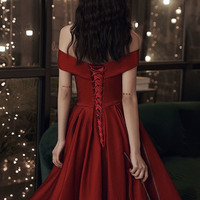 Cute satin short prom dress burgundy evening dress - Thumbnail 4