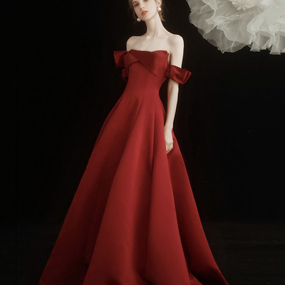 Burgundy satin long prom dress a line evening gown - Thumbnail 3