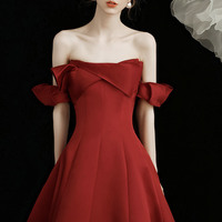 Burgundy satin long prom dress A line evening gown - Thumbnail 1