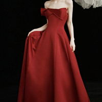 Burgundy satin long prom dress A line evening gown - Thumbnail 2