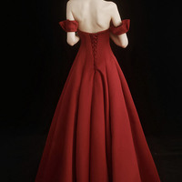 Burgundy satin long prom dress A line evening gown - Thumbnail 3