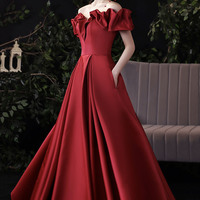 Burgundy satin long prom dress A line evening gown - Thumbnail 4
