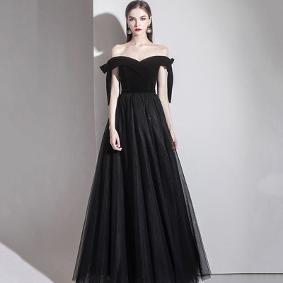Black velvet tulle long prom dress black evening dress - Thumbnail 2