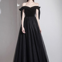 Black velvet tulle long prom dress black evening dress - Thumbnail 5