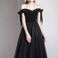 Black velvet tulle long prom dress black evening dress - Thumbnail 1