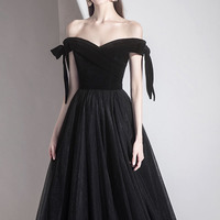 Black velvet tulle long prom dress black evening dress - Thumbnail 2
