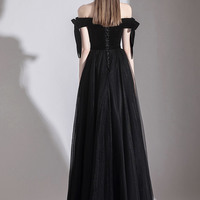 Black velvet tulle long prom dress black evening dress - Thumbnail 6