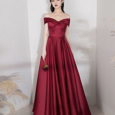 Burgundy satin long prom dress a line evening dress - Thumbnail 2