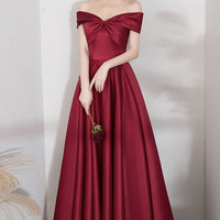 Burgundy satin long prom dress A line evening dress - Thumbnail 1