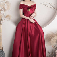 Burgundy satin long prom dress A line evening dress - Thumbnail 6