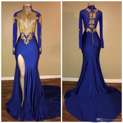 Royal blue and gold prom dresses long sleeves side slit evening gowns,41 - Thumbnail 5