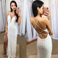 Chic Mermaid V Neck Cross Back White Sequin Long Prom Dresses,783 - Thumbnail 2