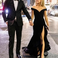 Mermaid Off the Shoulder Black Satin Long Prom Evening Party Dresses with Split,786 - Thumbnail 1