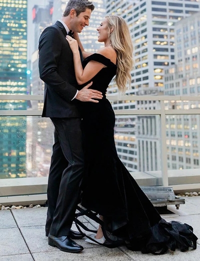 Mermaid Off the Shoulder Black Satin Long Prom Evening Party Dresses with Split,786