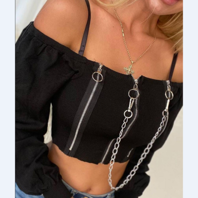 Solid color long sleeve black zipper one-shoulder top