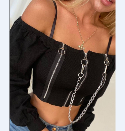 Solid Color Long Sleeve Black Zipper One-Shoulder Top