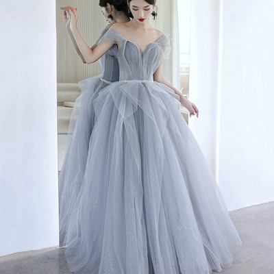 Blue tulle long prom dress blue evening dress - Thumbnail 1