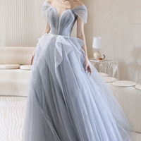 Blue tulle long prom dress blue evening dress - Thumbnail 3
